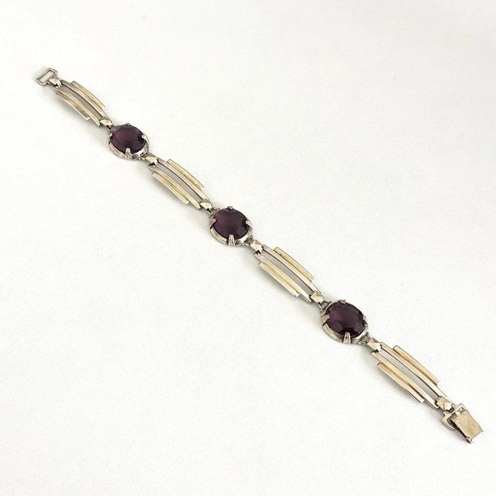 Symmetalic 925 Sterling Silver & 14K Gold Two Tone Purple Faceted Glass Bracelet